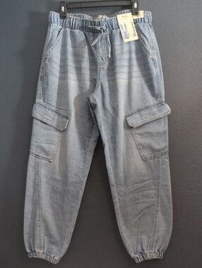 No Boundaries Light Blue Cargo Jean Joggers Elastic Waist Large Flap Pockets